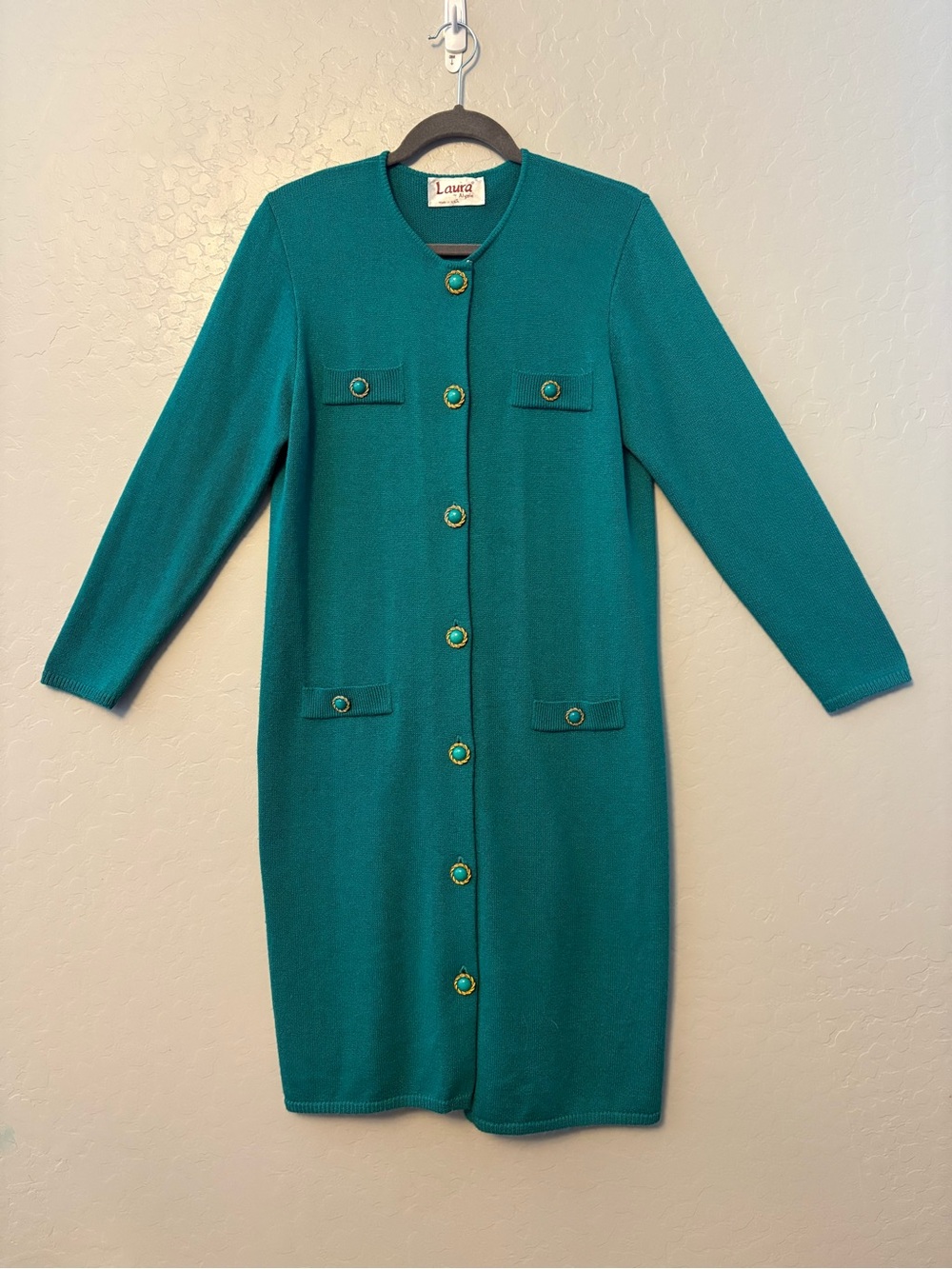 Laura by Alyzia turquoise teal vintage long sleeve button front sweater dress 10